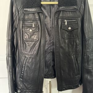 Black Leather Jacket with Shearling Collar